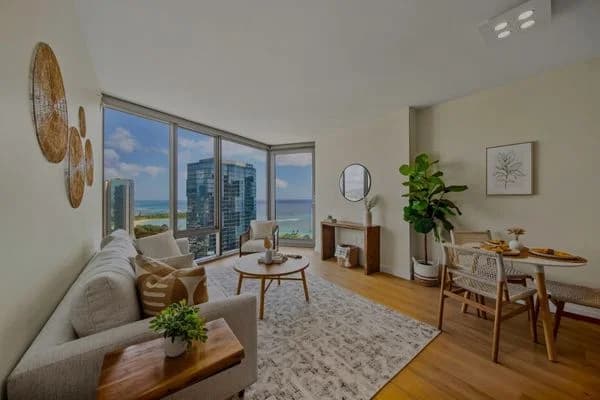 Ocean and city views from Aeʻo #3206 in Kakaʻako.