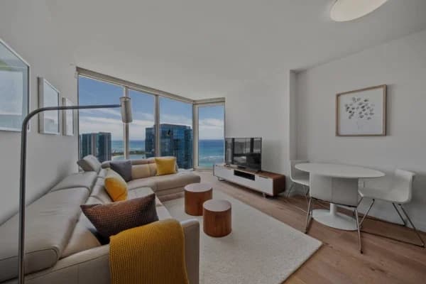 Ocean and city views from AEʻO #3706 in Kakaʻako.