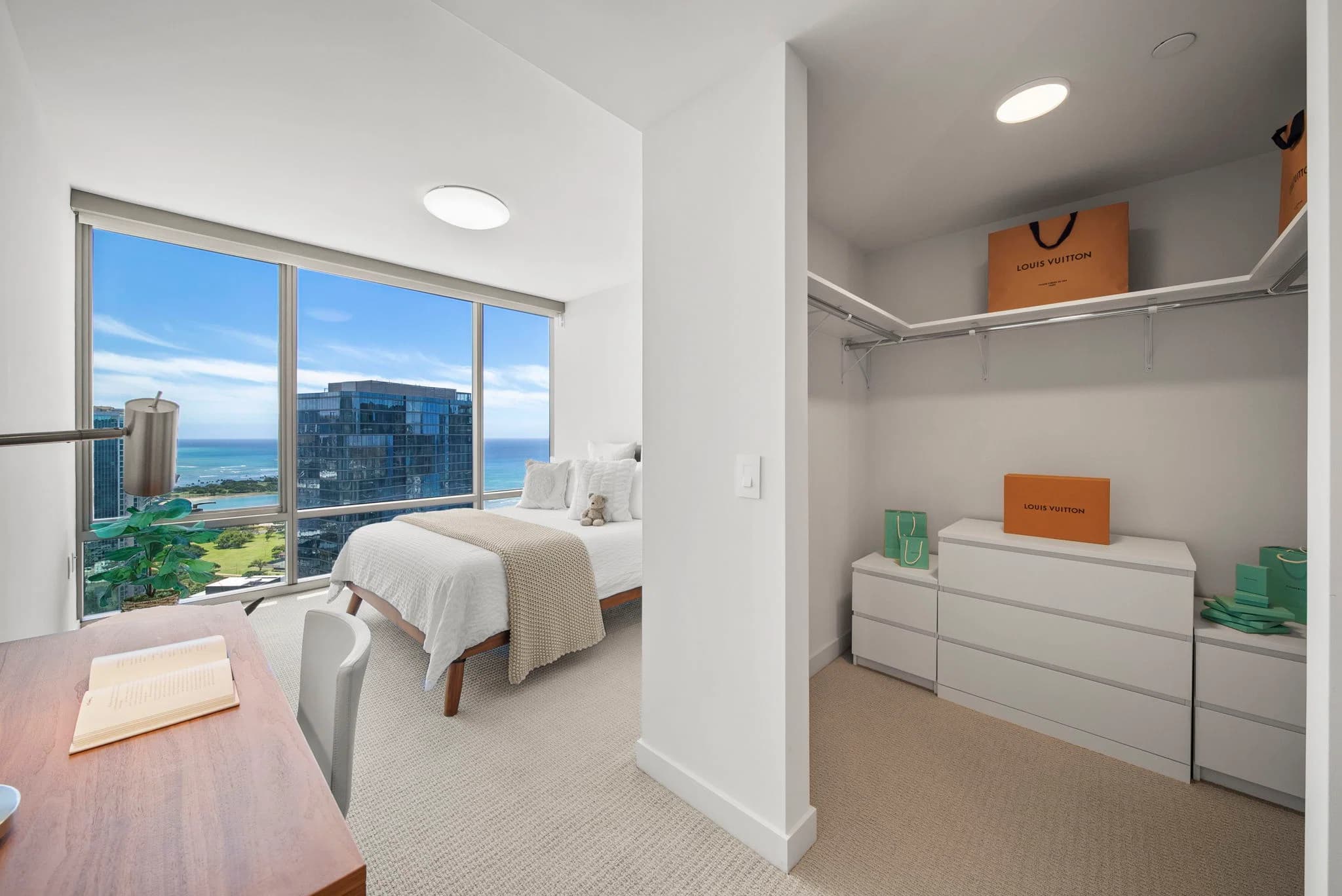 Bedroom and walk-in closet with ocean view