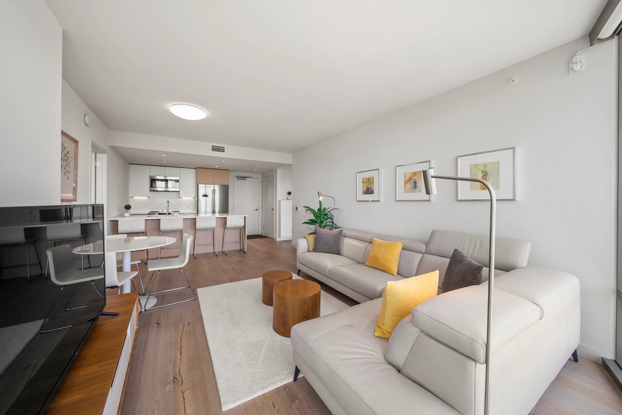 Open-concept living area and modern kitchen